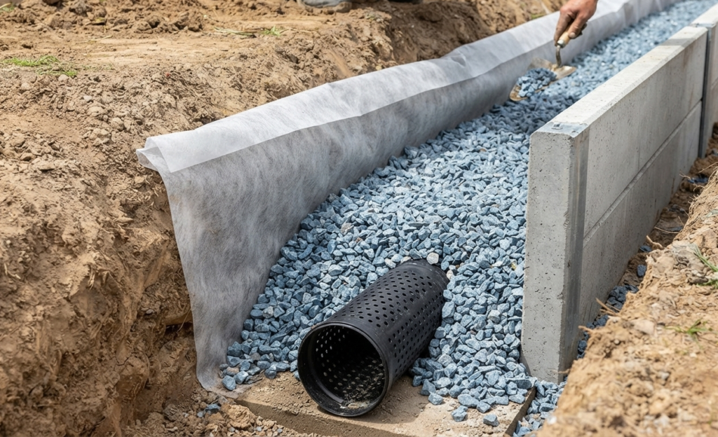 ag-pipe, drainage aggregate, and geofabric behind a wall