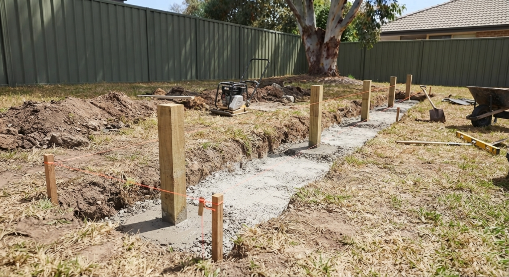 trench with string lines, stakes, and compacted base (or posts being set in concrete)