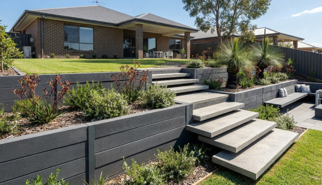 finished retaining wall in an Australian backyard (concrete sleeper or block, landscaped with plants/steps)