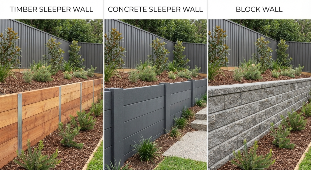 timber sleeper wall vs concrete sleeper wall vs block wall